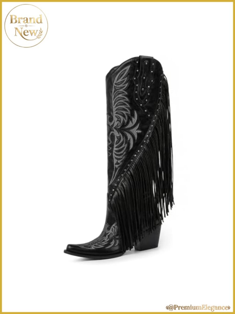 Women's Fringed Cowboy Boots Embroidered Studded Pointed Toe Chunky Heel